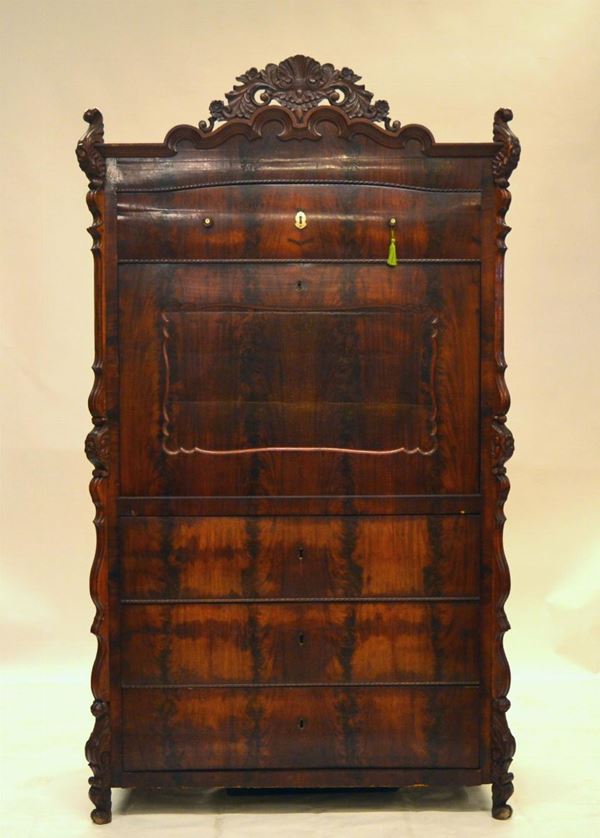 Secretaire, Biedermeier, in piuma di mogano, quattro cassetti,