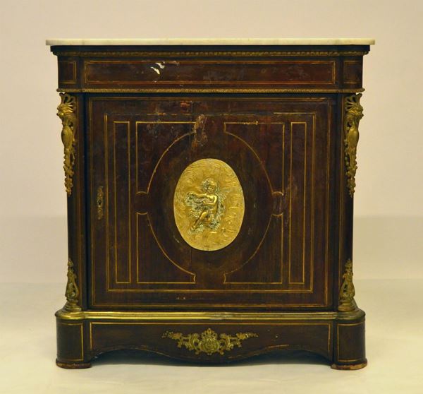 Credenza, Francia, sec. XIX, in legno filettato, rapporti in metallo
