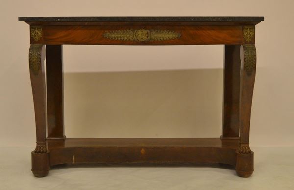 Consolle, tardo Impero, in radica, piano in marmo,