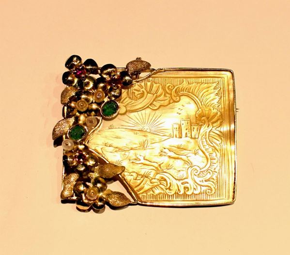 SPILLA IN ORO GIALLO, MADREPERLA,RUBINI ,