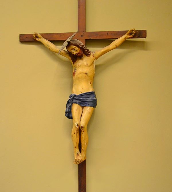 Scultura, sec. XVIII, in legno policromo,  - Asta GIOIELLI, ARREDI D'ANTIQUARIATO, DIPINTI E SCULTURE - Poggio Bracciolini Casa d'Aste