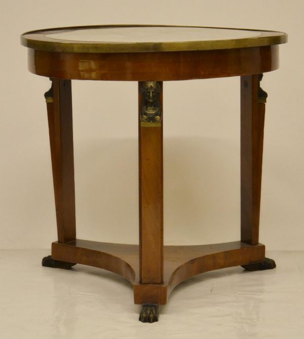 Tavolino, Impero, in noce, piano circolare in marmo,  - Asta GIOIELLI, ARREDI D'ANTIQUARIATO, DIPINTI E SCULTURE - Poggio Bracciolini Casa d'Aste