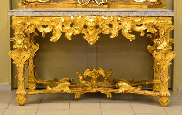Consolle, sec. XIX, in legno dorato e intagliato&nbsp;&nbsp;&nbsp;&nbsp;&nbsp;&nbsp;&nbsp;&nbsp;&nbsp;&nbsp;&nbsp;&nbsp;&nbsp;&nbsp;&nbsp;&nbsp;&nbsp;&nbsp;&nbsp;&nbsp;&nbsp;&nbsp;&nbsp;&nbsp;&nbsp;&nbsp;  - Asta GIOIELLI, ARREDI D'ANTIQUARIATO, DIPINTI E SCULTURE - Poggio Bracciolini Casa d'Aste
