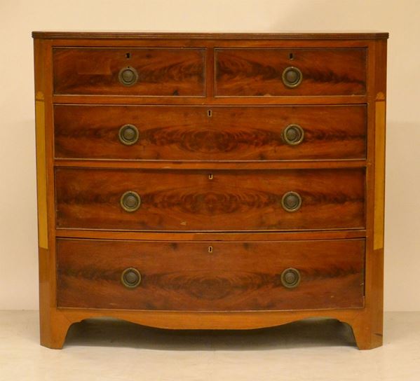 Cassettone, sec. XX, lastronato in radica di mogano,  - Asta GIOIELLI, ARREDI D'ANTIQUARIATO, DIPINTI E SCULTURE - Poggio Bracciolini Casa d'Aste