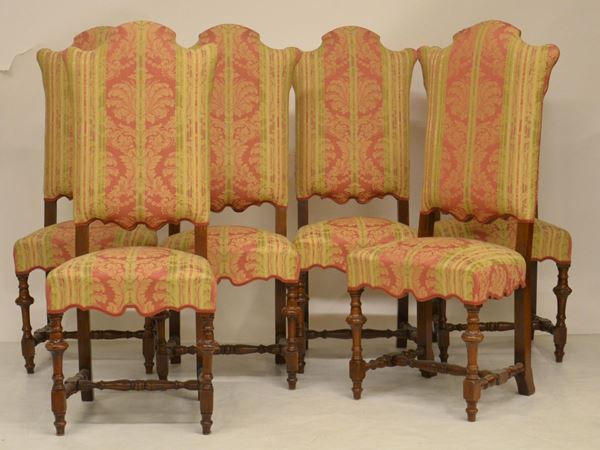 Sei sedie, in stile 700, in noce, sedute e schienali  - Asta GIOIELLI, ARREDI D'ANTIQUARIATO, DIPINTI E SCULTURE - Poggio Bracciolini Casa d'Aste