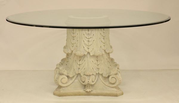Tavolo, sec. XX, piano circolare in cristallo,