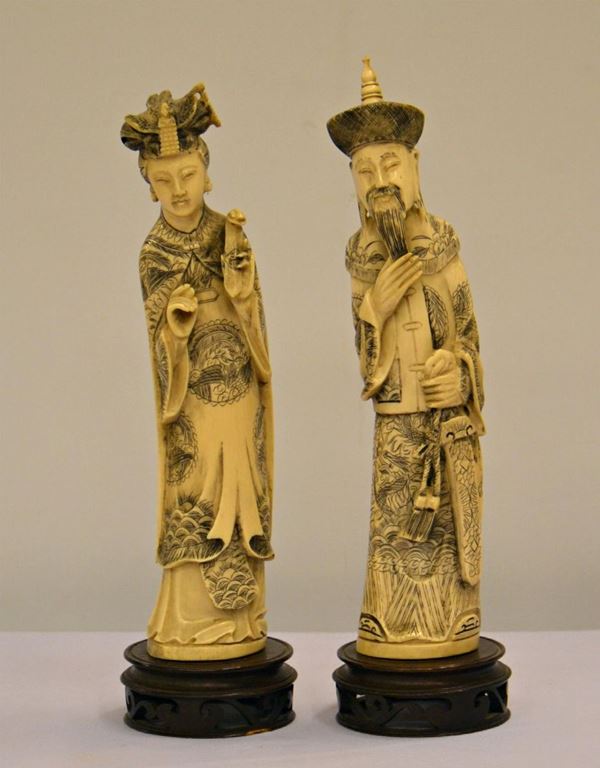 Coppia di sculture, arte orientale, sec. XIX,
