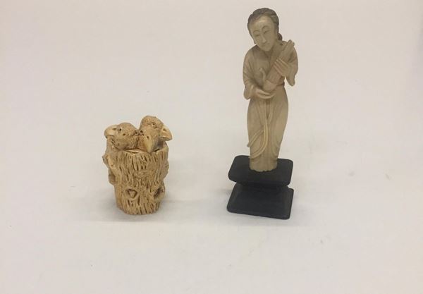Figura femminile e cestino in avorio, Cina, sec. XX