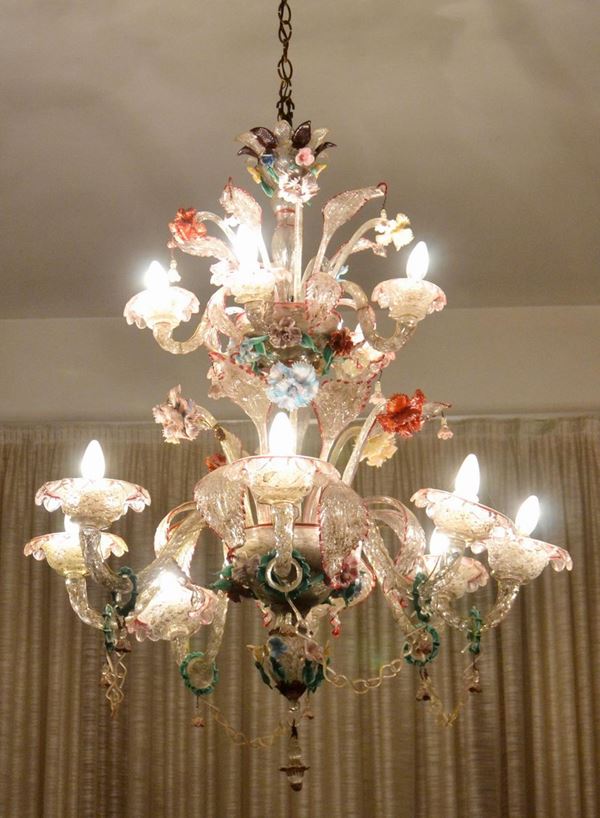 Lampadario, sec. XIX, in vetro di Murano colorato,