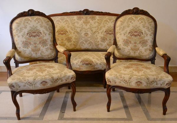 Divano e coppia di poltrone, sec. XIX,