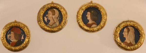 Quattro tondi, in stile '700, dipinti su tavola  - Asta GIOIELLI, SCULTURE, DIPINTI, ARREDI E OGGETTI D'ARTE - Poggio Bracciolini Casa d'Aste