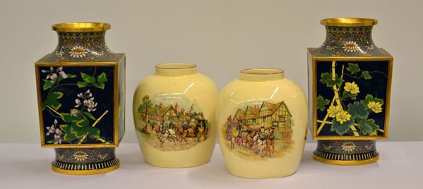 Coppia di vasi cloisonne, arte orientale, sec. XX,
