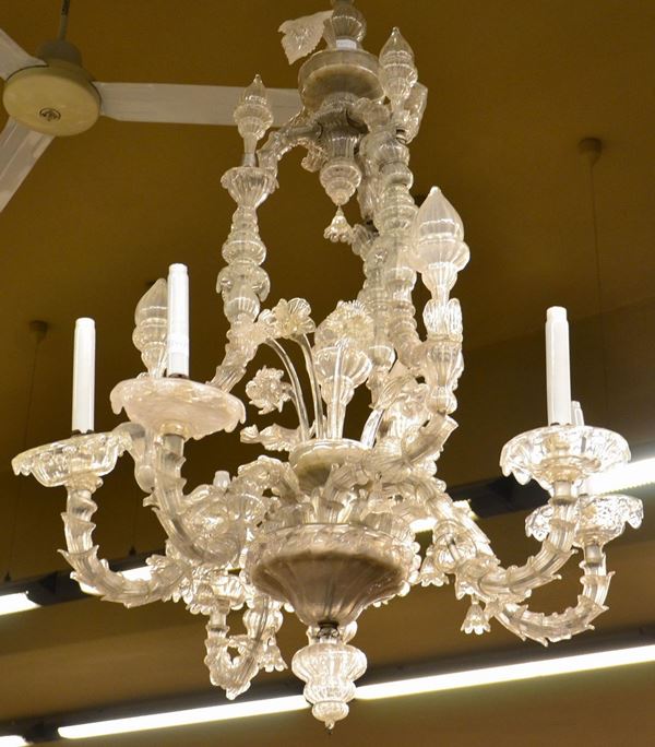 Lampadario, inizi sec. XX, in vetro di Murano,