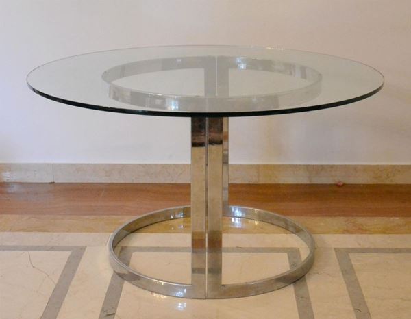 Tavolo, anni '60, piano circolare in vetro,