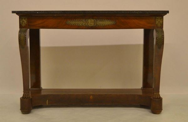 Consolle, tardo Impero, in radica, piano in marmo,