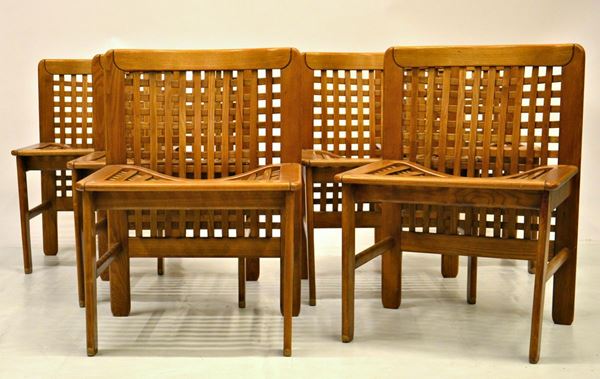 Sei sedie, anni 70, in rovere e castagno, seduta  - Asta ANTIQUARIATO, COLLEZIONISMO E GIOIELLI - Poggio Bracciolini Casa d'Aste