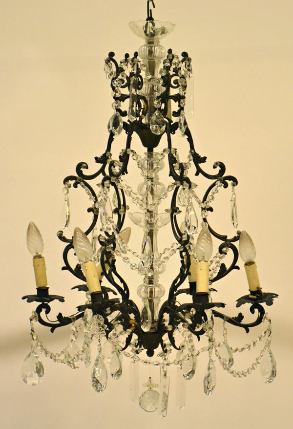 Lampadario, inizi sec. XX, in ferro battuto,