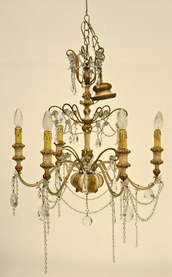 Lampadario, in stile 700, in legno e metallo,