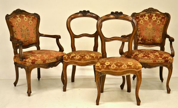 Coppia di poltroncine e coppia di sedie, in stile '700,
