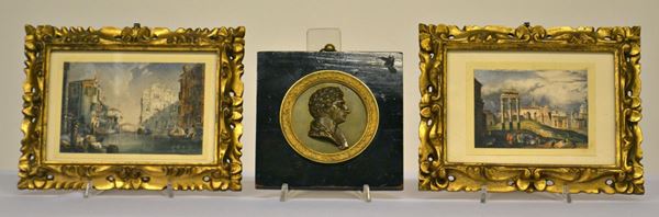 Coppia di stampe, sec. XX, paesaggi entro