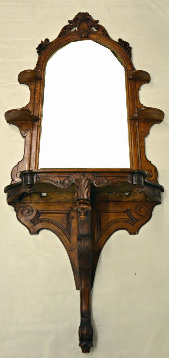 Consolle con specchiera, sec. XIX, in castagno  - Asta ANTIQUARIATO, COLLEZIONISMO E GIOIELLI - Poggio Bracciolini Casa d'Aste