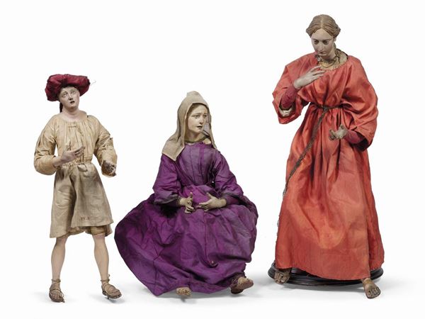 TRE FIGURE DA PRESEPE, ITALIA CENTRALE, SECOLO XVIII-XIX&nbsp;&nbsp;&nbsp;&nbsp;&nbsp;&nbsp;&nbsp;&nbsp;&nbsp;&nbsp;&nbsp;&nbsp;&nbsp;&nbsp;&nbsp;&nbsp;&nbsp;&nbsp;  - Asta ANTIQUARIATO, COLLEZIONISMO E GIOIELLI - Poggio Bracciolini Casa d'Aste