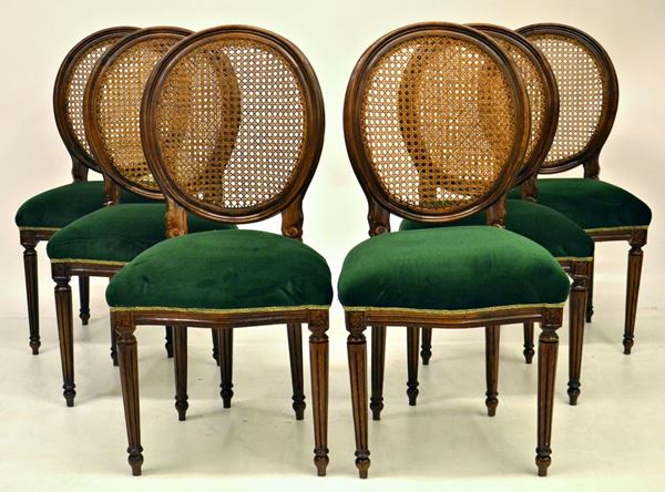 Sei sedie, in stile 700, in faggio, schienale in cannett&egrave;,  - Asta ANTIQUARIATO, COLLEZIONISMO E GIOIELLI - Poggio Bracciolini Casa d'Aste