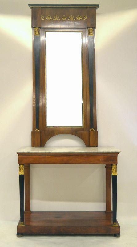 Consolle, Impero, in noce, piano in marmo, colonne laterali