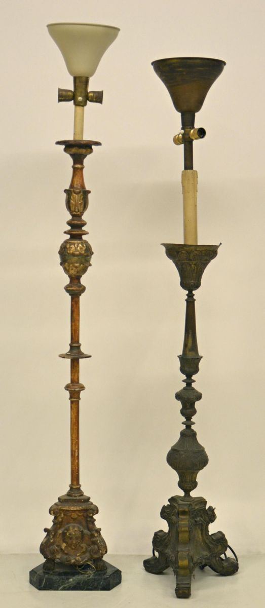 Due candelieri, sec. XIX, in legno intagliato