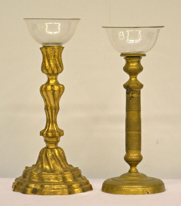 Due candielieri, sec. XIX, in bronzo