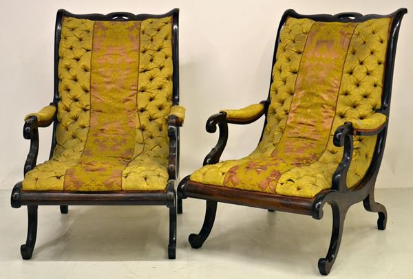 Coppia di poltrone, sec. XIX, in mogano,  - Asta ANTIQUARIATO, COLLEZIONISMO E GIOIELLI - Poggio Bracciolini Casa d'Aste