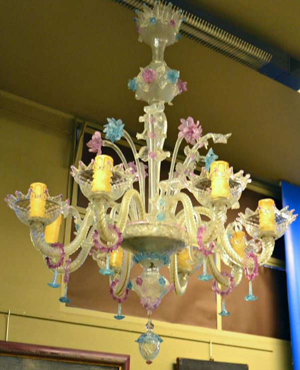 Lampadario, inizi sec. XX, in vetro di Murano,