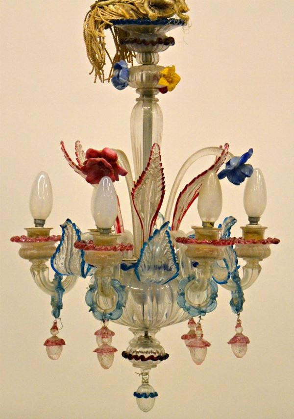 Lampadario, inizi sec. XX, in vetro di Murano,