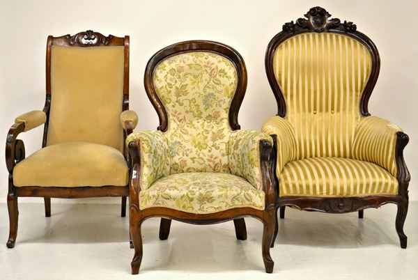Tre poltrone, Luigi Filippo, in noce e  - Asta ANTIQUARIATO, COLLEZIONISMO E GIOIELLI - Poggio Bracciolini Casa d'Aste