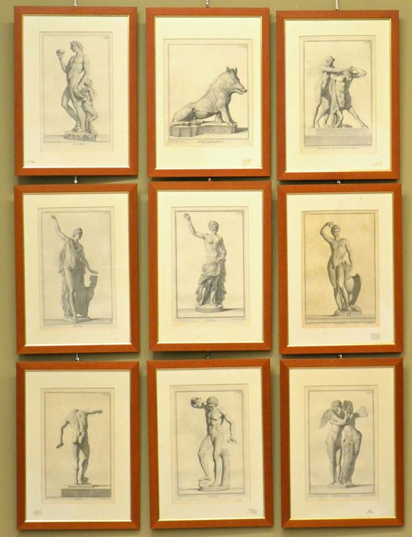 55- Serie di nove stampe 25x40 cm , cornice legno                           - Asta ANTIQUARIATO, COLLEZIONISMO E GIOIELLI - Poggio Bracciolini Casa d'Aste