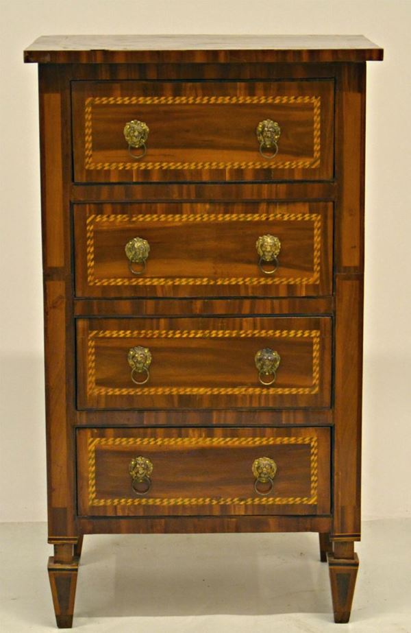 Comodino, in stile Luigi XVI, lastronato in radica  - Asta ANTIQUARIATO, COLLEZIONISMO E GIOIELLI - Poggio Bracciolini Casa d'Aste