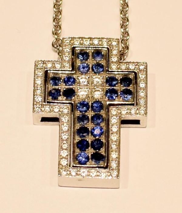 PENDENTE , IN ORO BIANCO , DIAMANTI E ZAFFIRI  - Asta GIOIELLI, ARGENTI, ARREDI E DIPINTI DAL XVII AL XX SECOLO - Poggio Bracciolini Casa d'Aste