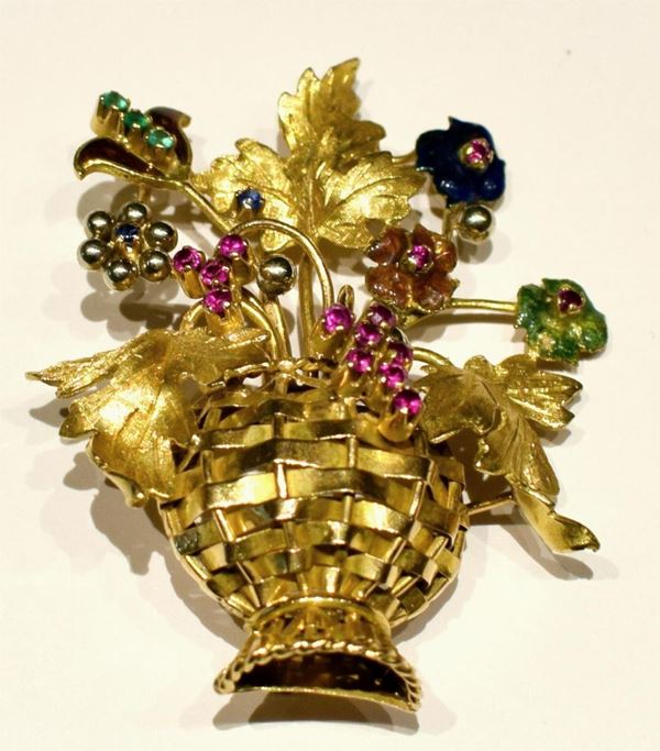 SPILLA IN ORO GIALLO, ZAFFIRI, RUBINI E SMERALDI