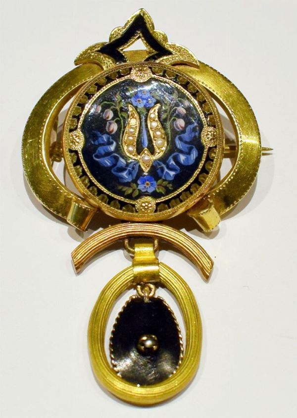 SPILLA, FINE SEC. XIX ,IN ORO GIALLO , SMALTI