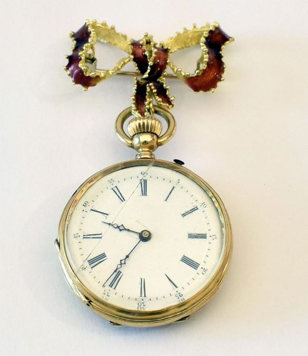 SPILLA E OROLOGIO IN ORO GIALLO E SMALTI