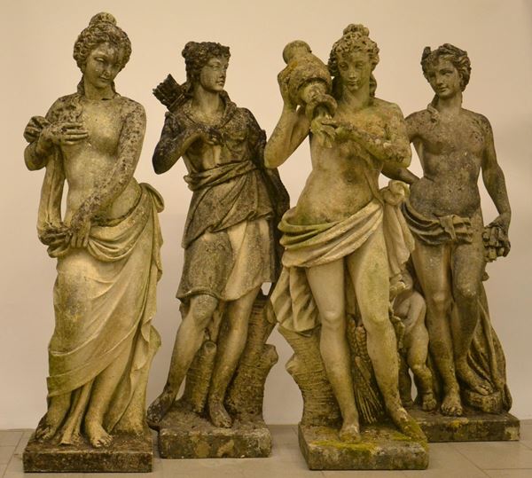Quattro sculture, sec. XIX, in pietra vicentina,  - Asta GIOIELLI, ARGENTI, ARREDI E DIPINTI DAL XVII AL XX SECOLO - Poggio Bracciolini Casa d'Aste
