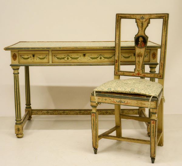 Scrivania e sedia, sec. XIX, in legno laccato e pitturato,
