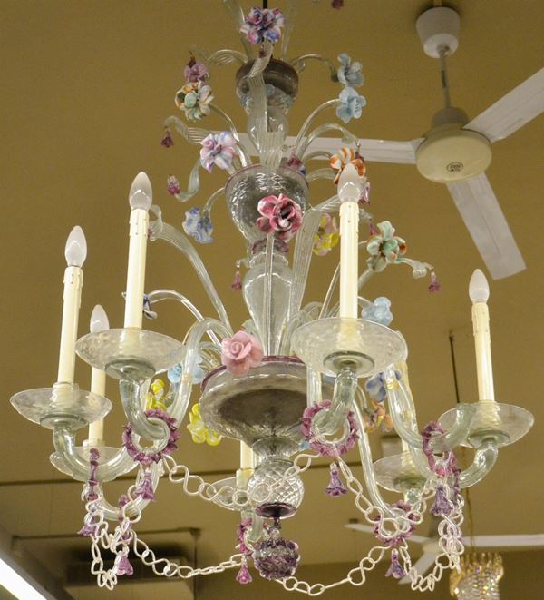 Lampadario, sec. XX, in vetro di Murano
