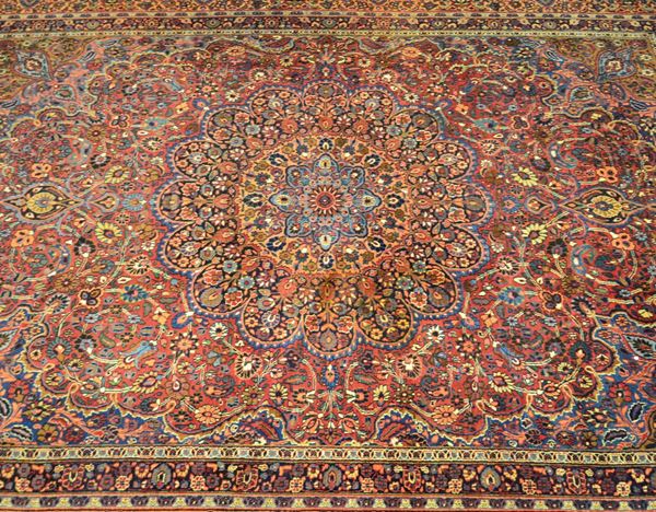 Tappeto persiano, sec. XX, fondo rosso e blu a
