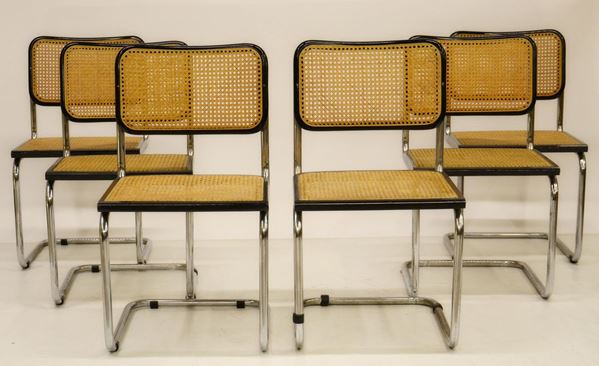 Otto sedie, anni 90, in metallo cromato,