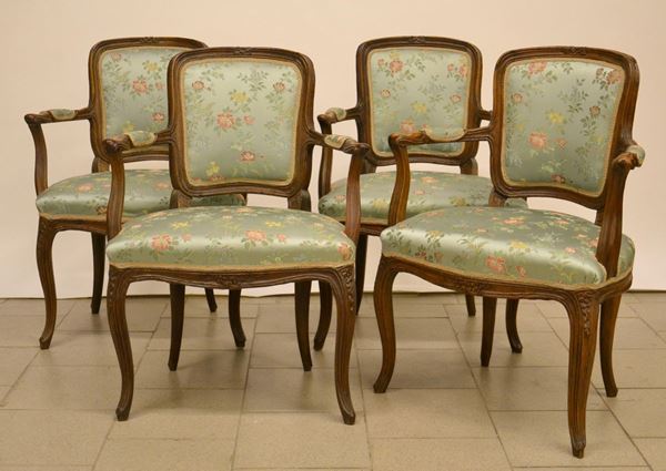 Quattro poltroncine, sec. XIX, in noce