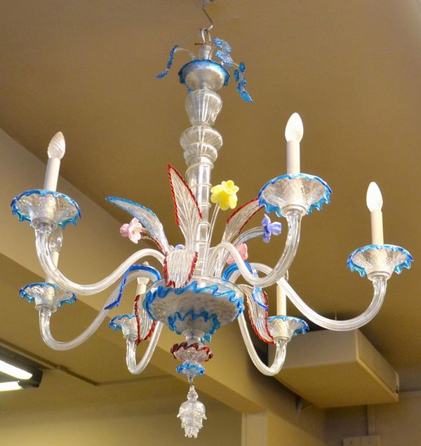 Lampadario, sec. XX, in vetro di Murano