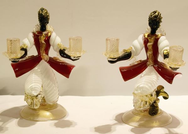 Coppia di candelieri, sec. XX, in vetro di Murano,