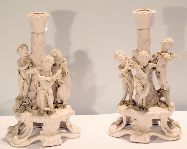 Coppia di candelieri, inizi sec. XX, in ceramica