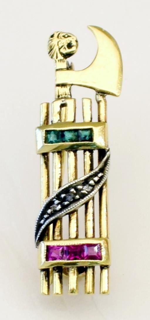 SPILLA IN ORO GIALLO,RUBINI E SMERALDI